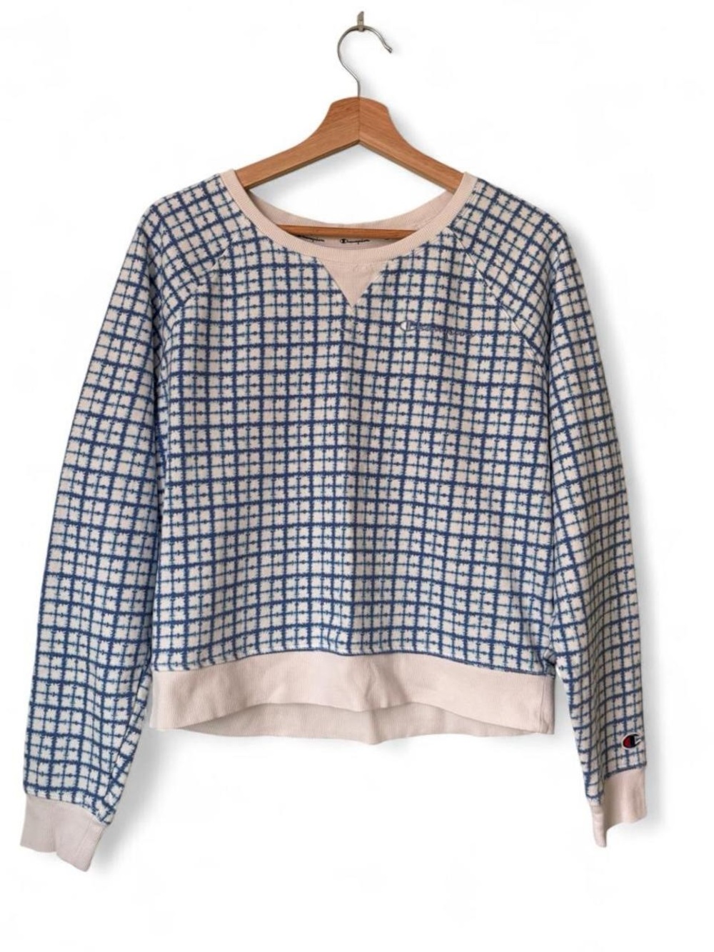 Champion Blue and White Checkered Grid Crewneck Sweatshirt size L
